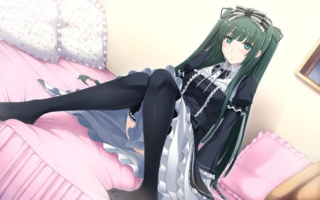 Yamiyo ni Odore - anime girl, beautiful, hot, dress, beauty, green eyes, green hair, yamiyo ni odore, bed, lolita fashion, cute, thigh highs, sexy, game cg