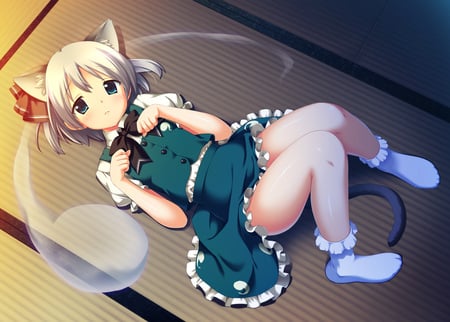 Konpaku Youmu - pretty, blushing, animal ears, dress, tail, stunning, touhou, konpaku youmo, blue eyes, anime girl, beautiful, hot, blush, beauty, cute, sexy, bow