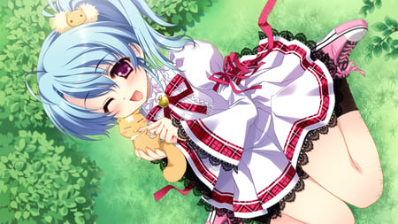 Cute anime Girl - pretty, anime girl, beautiful, hot, dress, seifuku, kimi to boku to eden no ringo, beauty, grass, tagme, animal, blue hair, cute, sexy, game cg