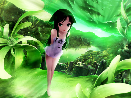 Anime girl - anime, girl, plant, green