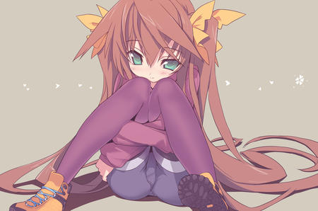 cute - hugging nees, long hair, pretty, cute, green eyes, anime girl, bows, redhead