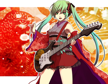 Hatsune Miku - virtual, miku, digital, vocaloids, song, gold, singer, red, diol, cool, awesome, vocaloid, thighhighs, culture, yellow, anime, twintail, cg, traditional, aqua hair, kimono, hatsune, black, cute, guitar, beautiful, hot, girl, bass, anime girl, white, program, aqua eyes, artistic, pretty, aqua, beauty, art, diva, nice, sexy, music, hatsune miku