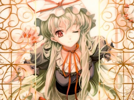 anime girl - winking, orange, green hair, gates