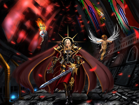 Purification through Flame - pretty, warrior, paladin, sisters of battle, angel, long hair, skull, armor, stunning, fire, weapon, blue eyes, fighter, dawn of war, beautiful, hot, gun, sword, cape, flame, blonde hair, beauty, cool, red eyes, warhammer, blade, badass, awesome, wicked, cute, feathers, sexy