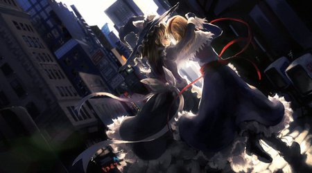 Alice and Marisa in the city - girls, anime, white, touhou, girl, city, alice, marisa