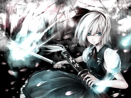 Konpaku Youmu - white, touhou, girl, blue, anime, green, sword, youmu