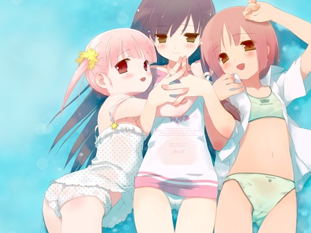 cute best friends - anime, water, blush, underwears, girls, red hair, black hair, cute, pink hair