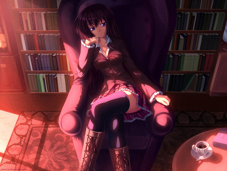 by book shelf - girl, purple hair, boots, big chair, coffe table, school uniform, chair, sun light, cup tea, books, anime, book shelf, shadow