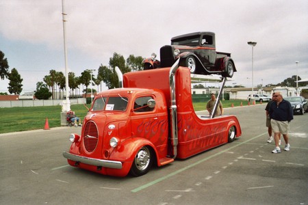 CUSTOM CAR HAULER - hotrods, hauler, cars, auto, show, piggyback, autos, cool, hot rods, car, custom, hotrod, hot rod, hott, orange, classic