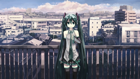 Hatsune Miku - tie, pretty, artistic, brown, realism, real, light, uniform, headphones, skyscrapers, nice, sunlight, program, thighhighs, sunshine, city, beauty, virtual, cg, white, silver, cute, aqua eyes, song, outfit, horizon, vocaloid, anime, twintail, hatsune miku, microphone, music, aqua, beauitful, rail, art, sky, sun, idol, clouds, anime girl, skirt, realistic, singer, girl, cool, buildings, black, chilling, miku, awesome, diva, digital, aqua hair, hatsune, vocaloids, headset