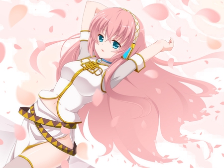 Megurine Luka - aqua, hot, headset, thighhighs, music, anime girl, white, art, cool, petals, aqua eyes, artistic, sexy, song, vocaloids, program, sakura, vocaloid, pink, beautiful, uniform, blush, diva, beauty, nice, singer, black, virtual, pretty, idol, megurine luka, sakura petals, anime, cute, megurine, luka, girl, pink hair, gold, cg, microphone, headphones, blue, awesome, digital, outfit