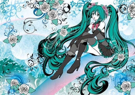 Hatsune Miku - tie, pretty, artistic, uniform, flowers, headphones, rainbow, souls, nice, program, hot, thighhighs, beauty, virtual, cg, white, cute, voclaoids, song, outfit, sexy, vocaloid, anime, twintail, hatsune miku, microphone, music, aqua, art, idol, anime girl, skirt, beautiful, singer, girl, cool, black, colorful, miku, awesome, diva, digital, hatsune, headset