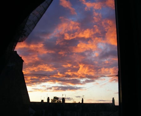 Stormy Sunset - sky, sunset, curtains, window