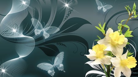 Narcissus on Teal - smoke, summer, teal, flowers, firefox persona, narcissus, spring, butterflies