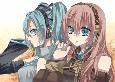 Hatsune Miku & Megurine Luka - pretty, artistic, brown, pink, luka, headphones, nice, program, megurine, beauty, virtual, cg, white, megurine luka, cute, aqua eyes, song, vocaloid, anime, twintail, hatsune miku, microphone, music, aqua, pink hair, art, idol, anime girl, beautiful, singer, girl, cool, orange, black, miku, awesome, diva, digital, aqua hair, hatsune, vocaloids, headset