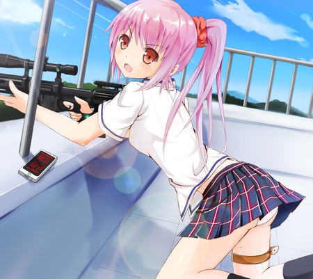 Tagme - head band, brown eyes, cellphone, long hair, pink hair, weapon, uniform