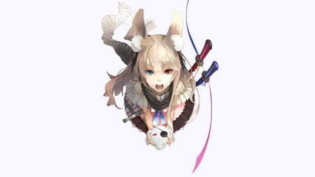 original - tears, animal ears, long hair, white, bicolored eyes, katana, animal, weapon, dress