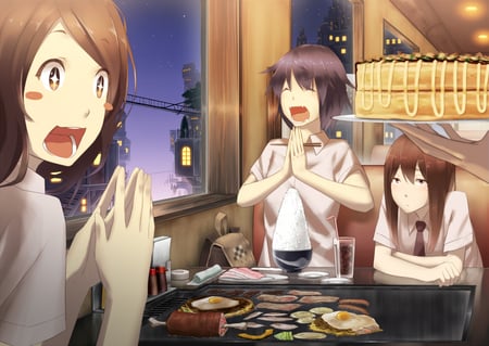 anime - girls, black eyes, blush, night, ramen, brown hair, restaurant