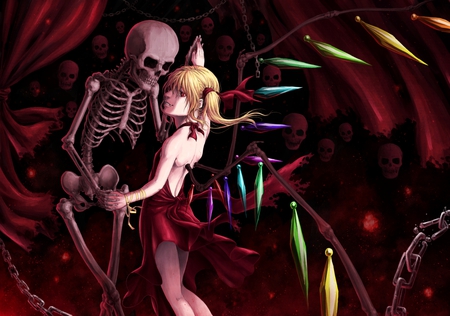 Dancing With the Dead - red, creepy, touhou, skeleton, chain, scarlet, skull, wings, tatsuya, flandre, holding hands, curtains, bones, vampire, crystal