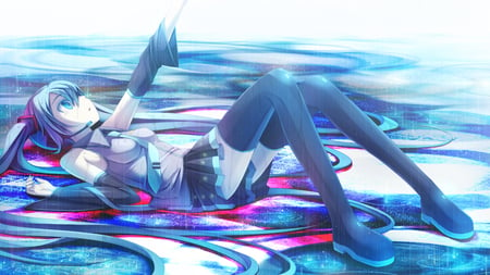 Hatsune Miku - aqua, headset, thighhighs, music, anime girl, stockings, white, art, cool, aqua eyes, artistic, hatsune miku, skirt, song, vocaloids, program, vocaloid, beautiful, uniform, diva, beauty, nice, water, twintail, aqua hair, singer, black, virtual, pretty, idol, anime, miku, cute, girl, rain, cg, hatsune, microphone, headphones, red, tie, awesome, digital, outfit