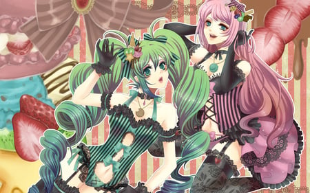 Luka and Miku - sweets, beauty, thigh highs, hot, singer, anime girl, aqua hair, megurine luka, idol, miku, megurine, cute, hatsune miku, luka, sexy, twintails, long hair, pink hair, hatsune, vocaloids, vocaloid, beautiful