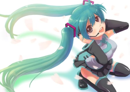 Hatsune Miku - aqua, hot, headset, thighhighs, music, anime girl, white, art, cool, aqua eyes, artistic, hatsune miku, skirt, sexy, song, vocaloids, program, vocaloid, beautiful, uniform, diva, beauty, nice, twintail, singer, aqua hair, black, virtual, pretty, idol, anime, miku, cute, girl, cg, hatsune, microphone, headphones, blue, tie, digital, awesome, outfit