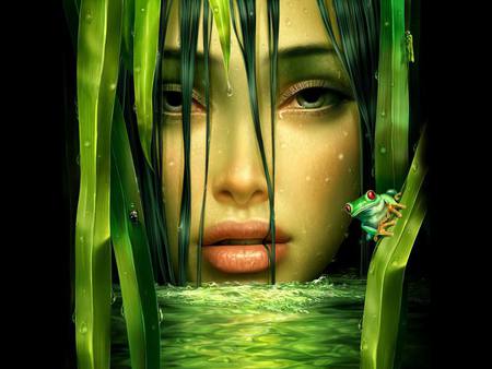 Woman in Green - beauty, green, striking, frogs