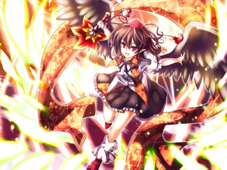 Shameimaru Aya - shameimaru aya, fighter, anime girl, firefighter, female, magic, hot, staff, mad, angel, cool, damn, touhou, fire, wings