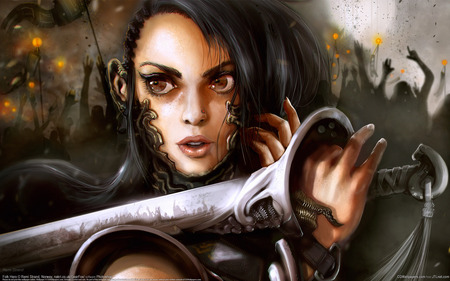 Folk Hero - pretty, female, warrior, eye, hd, face, action, adventure, folk hero, game, remi strand, girl, sword, digital art, beauty, cg, fantasy, lips, legend