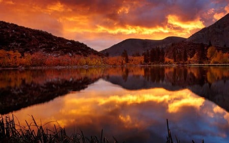 double beauty - beauty, autumn, sky, landscape, sun, water, wet, mountains, sunset, gorgeous, fall, reflection, clouds, dusk