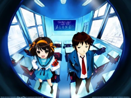 Haruhi Suzumiya - anime, anime girl, anime school uniform, brown hair, school boy, animated, haruhi suzumiya, school property, anime boy, school girl