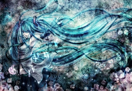 Hatsune Miku - aqua, headset, thighhighs, music, anime girl, white, art, cool, petals, aqua eyes, artistic, hatsune miku, skirt, song, vocaloids, program, sakura, vocaloid, pink, beautiful, uniform, diva, beauty, nice, twintail, singer, aqua hair, black, virtual, pretty, idol, anime, miku, cute, girl, cg, hatsune, microphone, blue, headphones, tie, awesome, flowers, digital, outfit