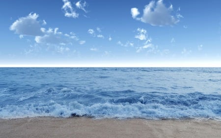 BLUE WAVES - sky, ocean, beach, clouds, blue, sand, waves