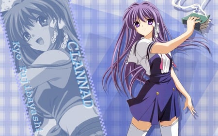 Kyo Fujibayashi - book, long hair, clannad, purple hair, kyo fujibayashi, uniform, schoolgirl