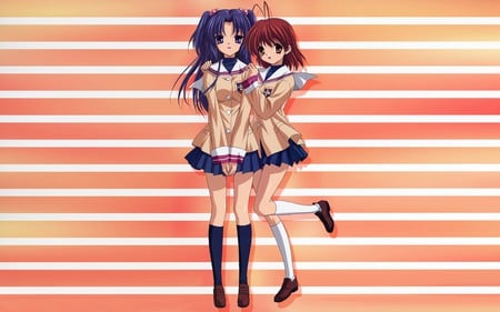 Kotomi and Nagisa - schoolgirls, brown hair, long hair, uniform, nagisa furukawa, short hair, kotomi ichinose, blue hair, clannad