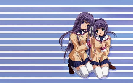 Sisters Kyo and Ryo - short hair, schoolgirls, long hair, clannad, ryo fujibayashi, purple hair, kyo fujibayashi, uniform