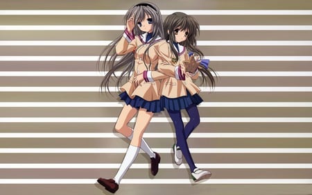 Fuko and Tomoyo - clannad, fuko ibuki, long hair, uniform, tomoyo sakagami, schoolgirls, gray hair, brown hair