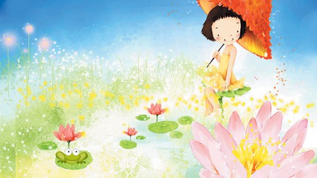 Umbrellla Girl - summer, pond, whimsical, water lilies, girl, spring, firefox persona, flowers, umbrella, cute, sky