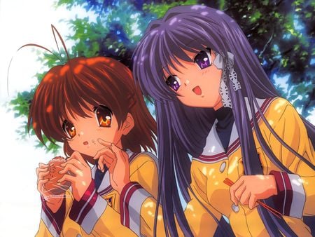 Nagisa and Kyo - bread, schoolgirls, trees, food, brown hair, long hair, uniform, nagisa furukawa, short hair, clannad, purple hair, kyo fujibayashi