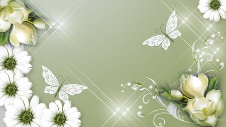 Waiting in the Wings - summer, butterflies, spring, stars, firefox persona, flowers, shiny, glow, white, green