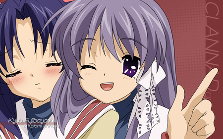 Kyo and Kotomi - schoolgirls, kotomi ichinose, blue hair, clannad, purple hair, kyo fujibayashi, uniform