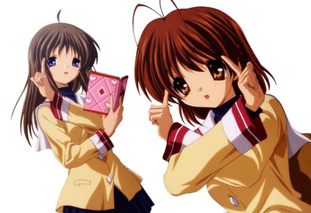 Nagisa and Yukine - clannad, uniform, schoolgirls, book, yukine miyazawa, short hair, nagisa furukawa, brown hair