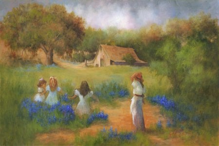 Girls in a Field of Bluebonnets - girls, oil, field, bluebonnets, painting, woman