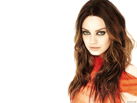 Mila Kunis - pretty face, long dark hair, actress, orange dress, female, beautiful eyes