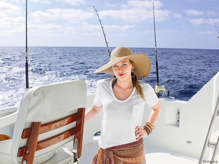 Hilary Duff - hat, female, white t-shirt, nice girl, fishing, sea, long hair, actress