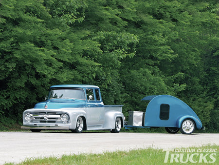 56 Extended - truck, trailer, blue, silver, ford