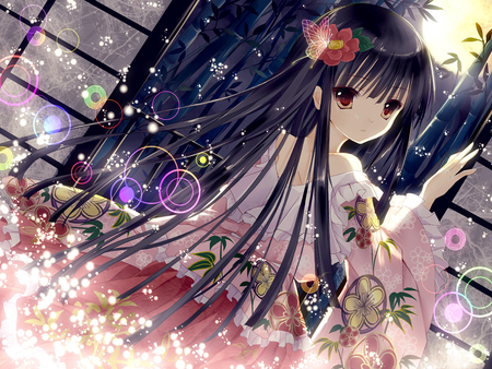 Houraisan Kaguya - japan clothes, flower, sparkle, black, long, rose, cute, anime girl, girl, light, houraisan kaguya, kaguya-houraisan, shine, touhou, glow, pretty, beauty, sweet, anime, night, dress, butterfly, bubble, moon, kimono, female, hair, colors