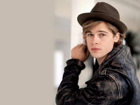 Brad Pitt - handsome, male, blue eyes, actor, blond, black jacket and hat