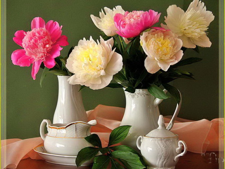 Peonies and tea - white, peonies, creamer, sugar bowl, pink, flowers, yellow, teapot