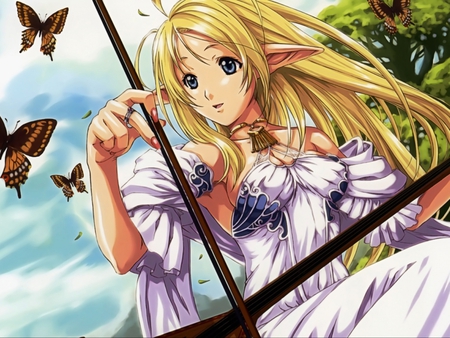 Fantasy Girl - animated, female, anime girl, purple dress, anime cute girl, princess anime, anime beautiful girl, pretty, blonde hair, anime, fantasy girl, butterflies